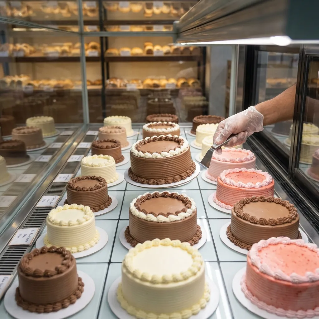 Rows of iced chocolate, vanilla and strawberry cakes in a bakery’s chilled display, a gloved hand lifting one with a spatula