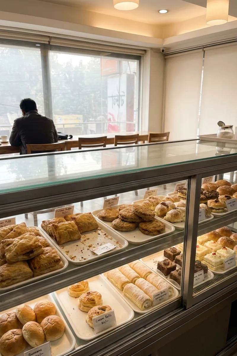 A bakery café’s glass case of patties, puffs, cream rolls, buns and pastries, with a customer at a window table behind it