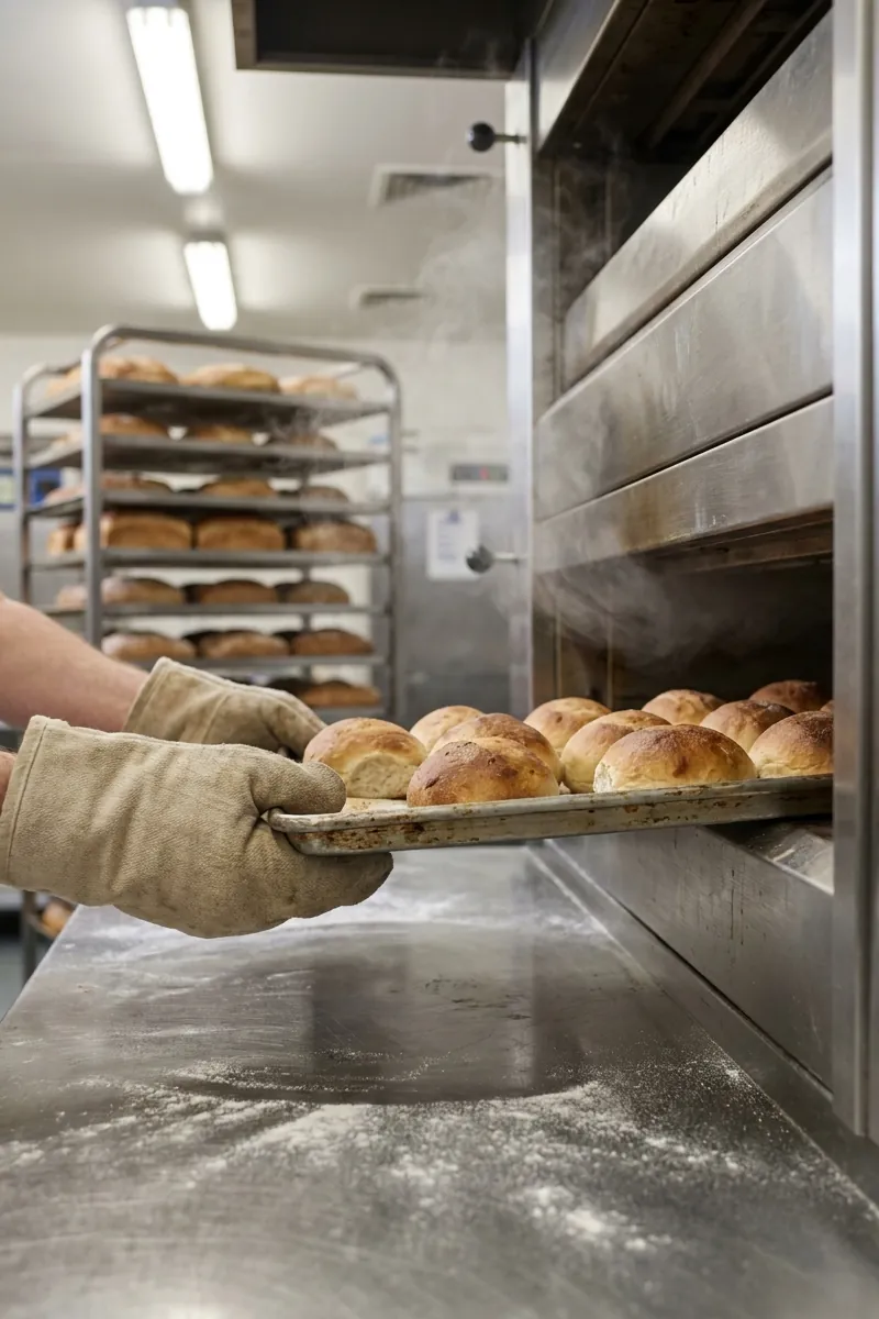 Gloved hands slide a tray of golden buns out of a bakery oven, with racks of fresh bread behind
