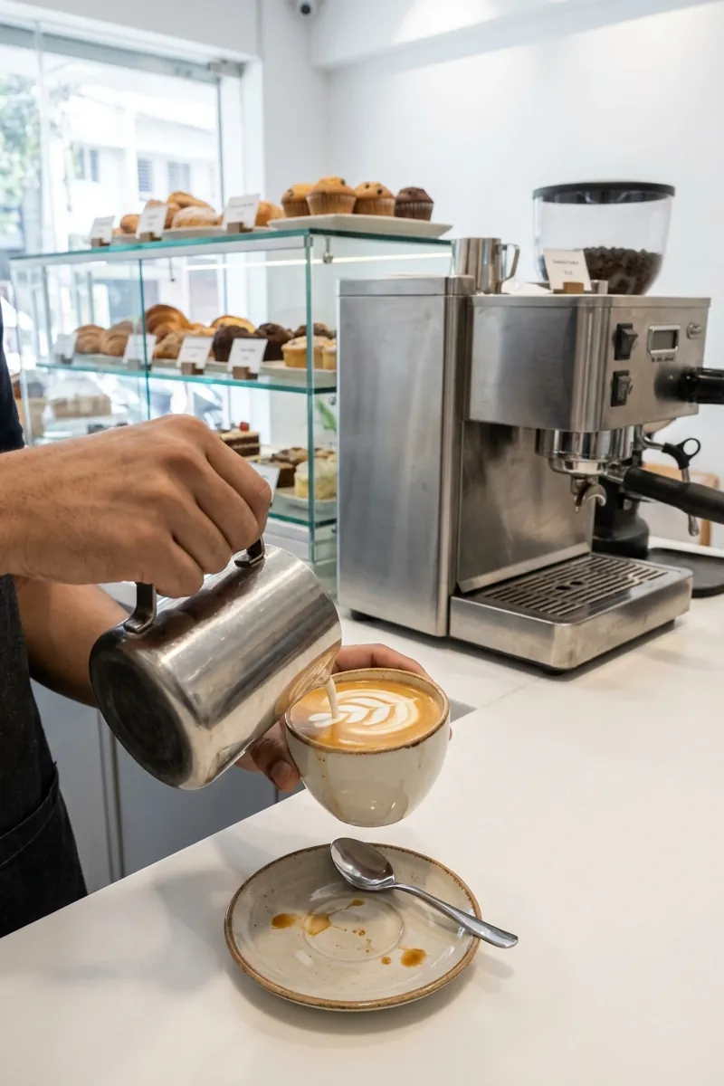 Steamed milk poured into a latte at the counter, beside an espresso machine and a case of muffins and cakes