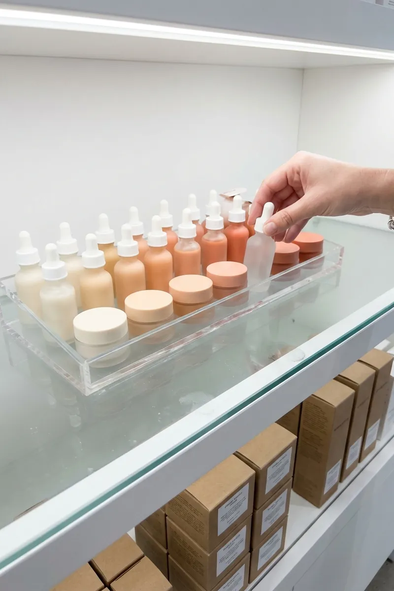 A hand picks a dropper bottle from a clear tray of foundations lined up from light to deep shades