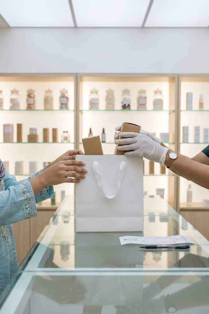 Boxed beauty products placed into a white paper bag across a glass counter