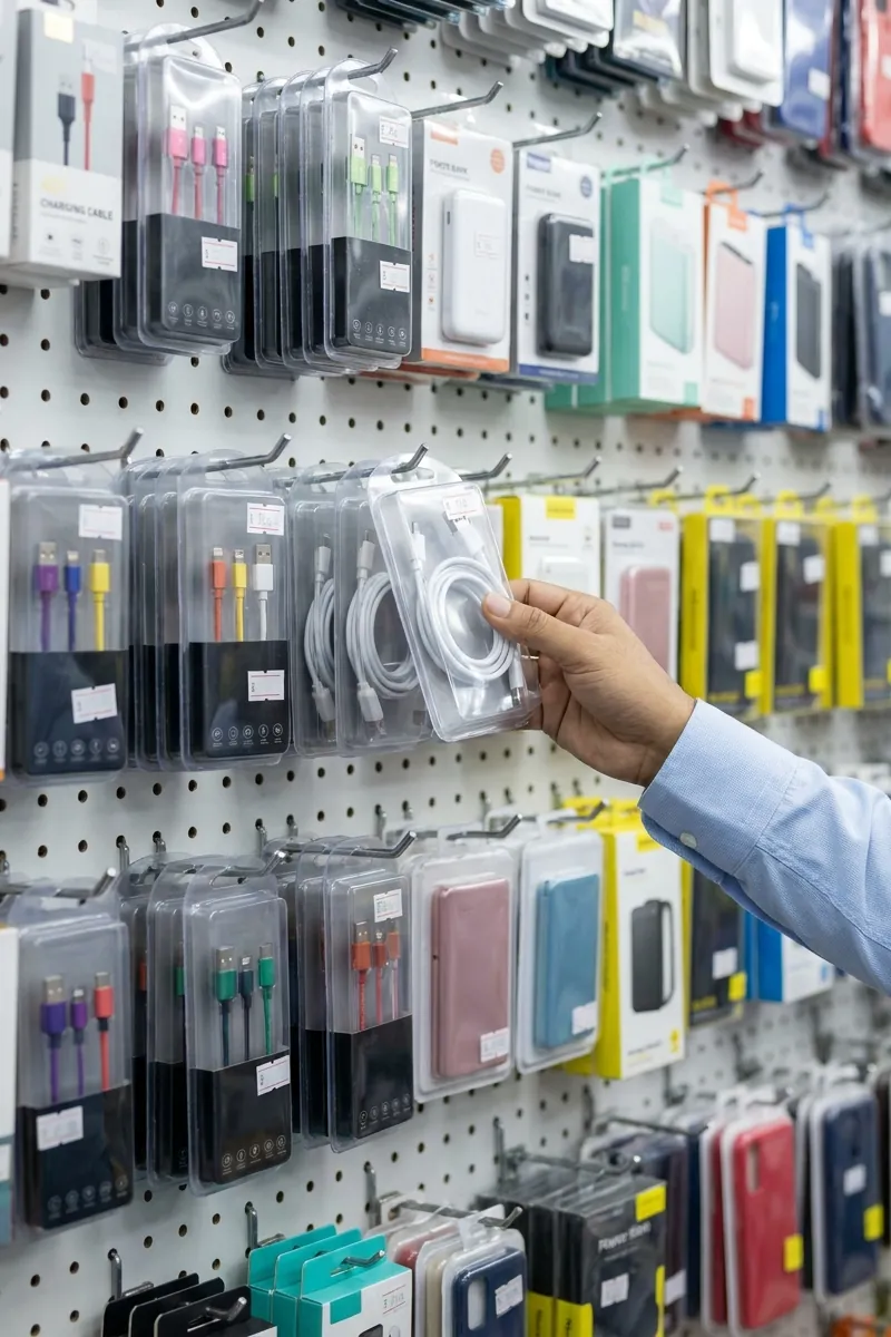 A hand takes a white charging cable off a pegboard wall of cables, power banks and phone cases