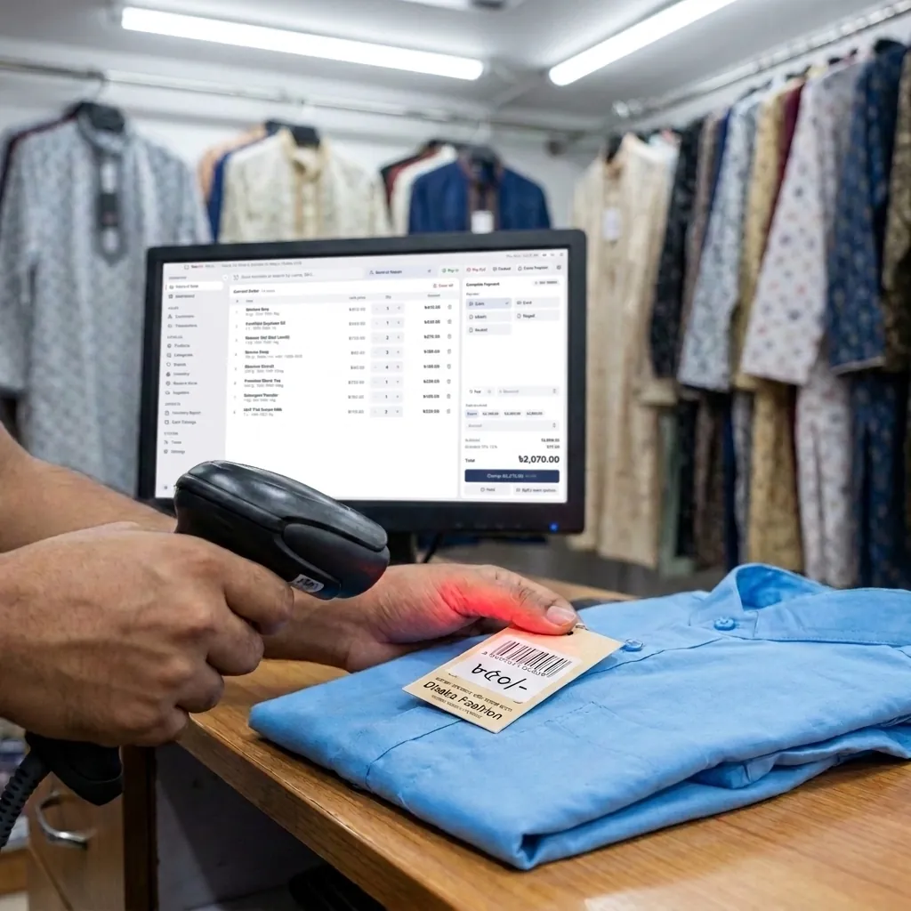 A hand scans the barcode hang-tag on a folded blue shirt with a handheld scanner at the counter