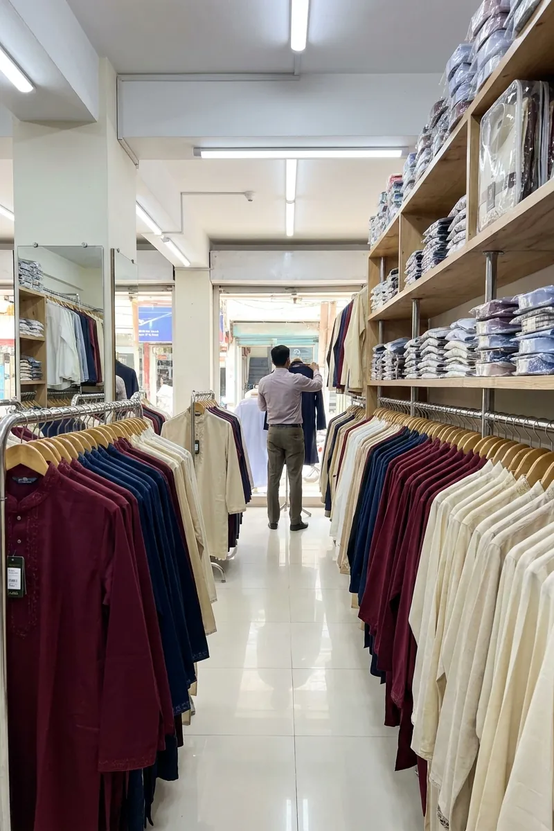 An aisle in a clothing shop, with racks of panjabis grouped by colour: maroon, navy and cream