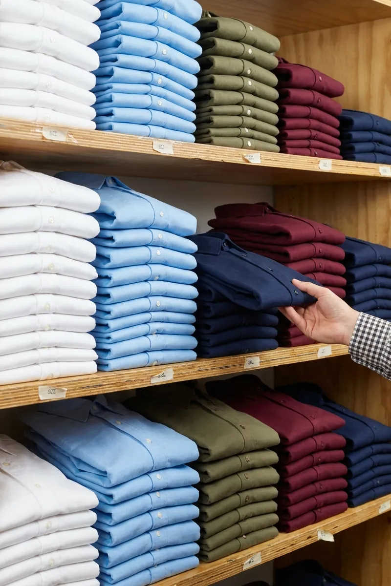 A hand pulls a folded navy shirt from shelves of shirts stacked by colour, with size labels on each shelf