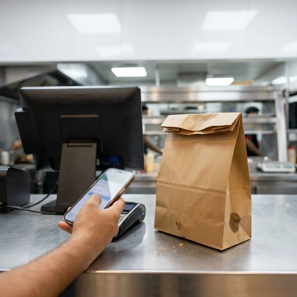 A customer holds a phone up to pay at a fast-food till, beside a paper takeaway bag on the steel counter