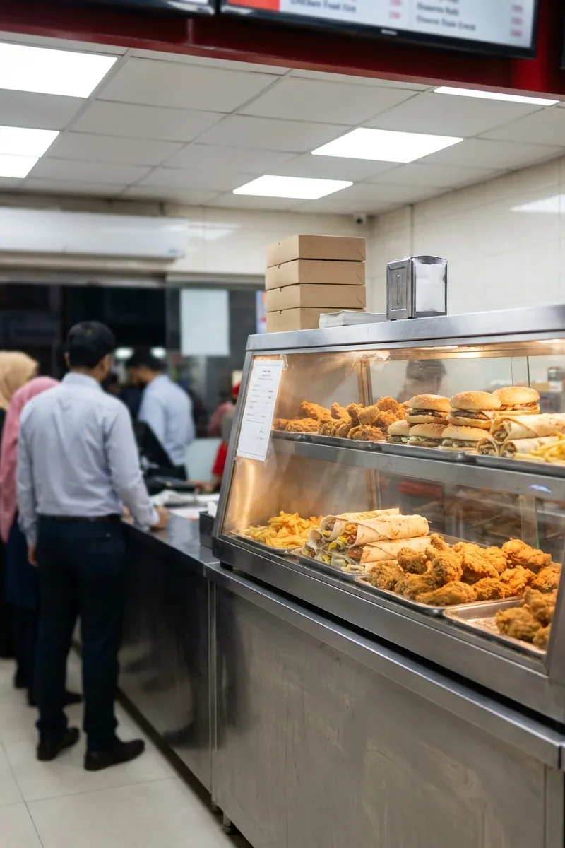 Customers queue at a fast-food counter beside a heated glass case of fried chicken, burgers, wraps and fries