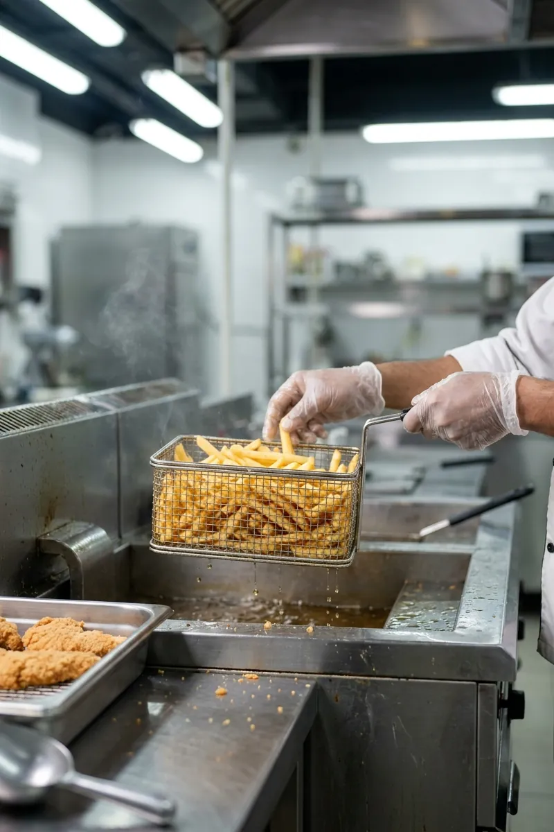 A gloved hand lifts a basket of golden fries out of the fryer, with fried chicken resting on a tray beside it