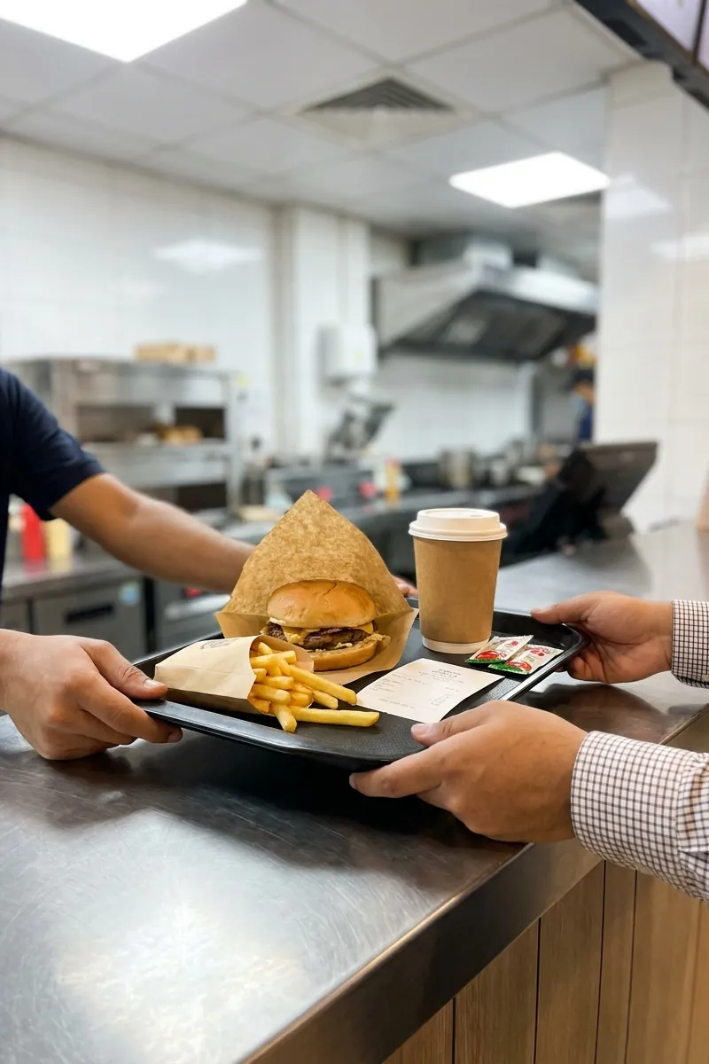 A tray with a burger, fries, a paper cup and the receipt handed across the counter to a customer