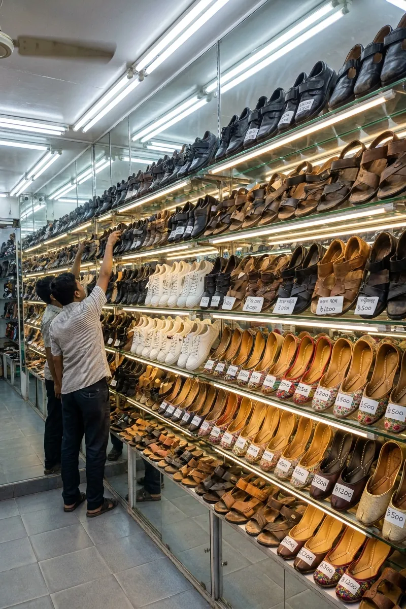 A shop assistant reaches up a lit wall of glass shelves lined with leather shoes, sandals, white sneakers and embroidered flats, each pair with a price tag