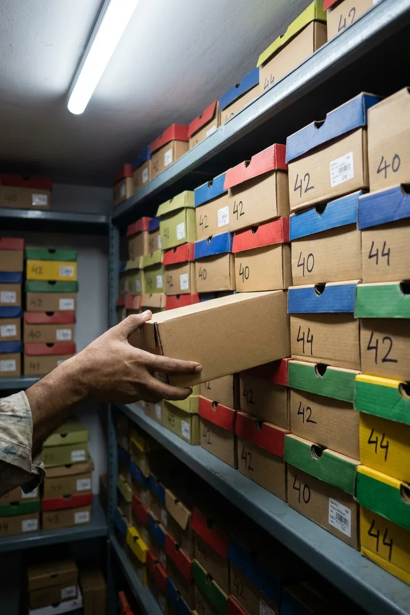 A hand pulls a shoe box from storeroom shelves of boxes stacked by size, each marked 40, 42 or 44