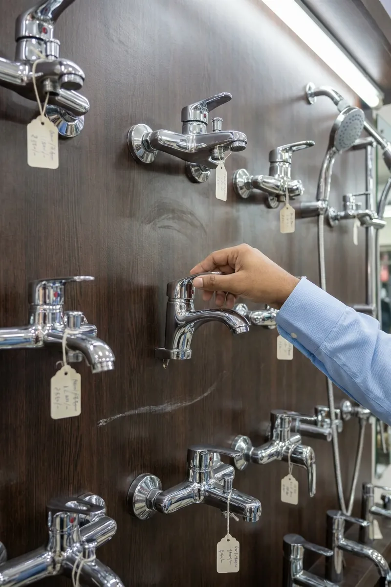 A hand tries a chrome basin tap on a display wall of taps and a shower set, each with a handwritten price tag