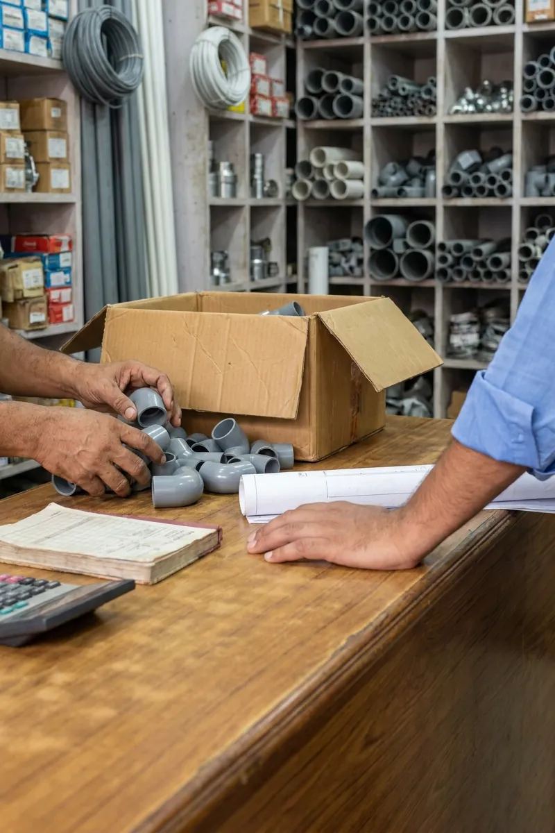 Grey PVC elbows tipped from a carton onto a wooden counter beside a ledger book and a calculator, a customer’s hand resting on a rolled drawing