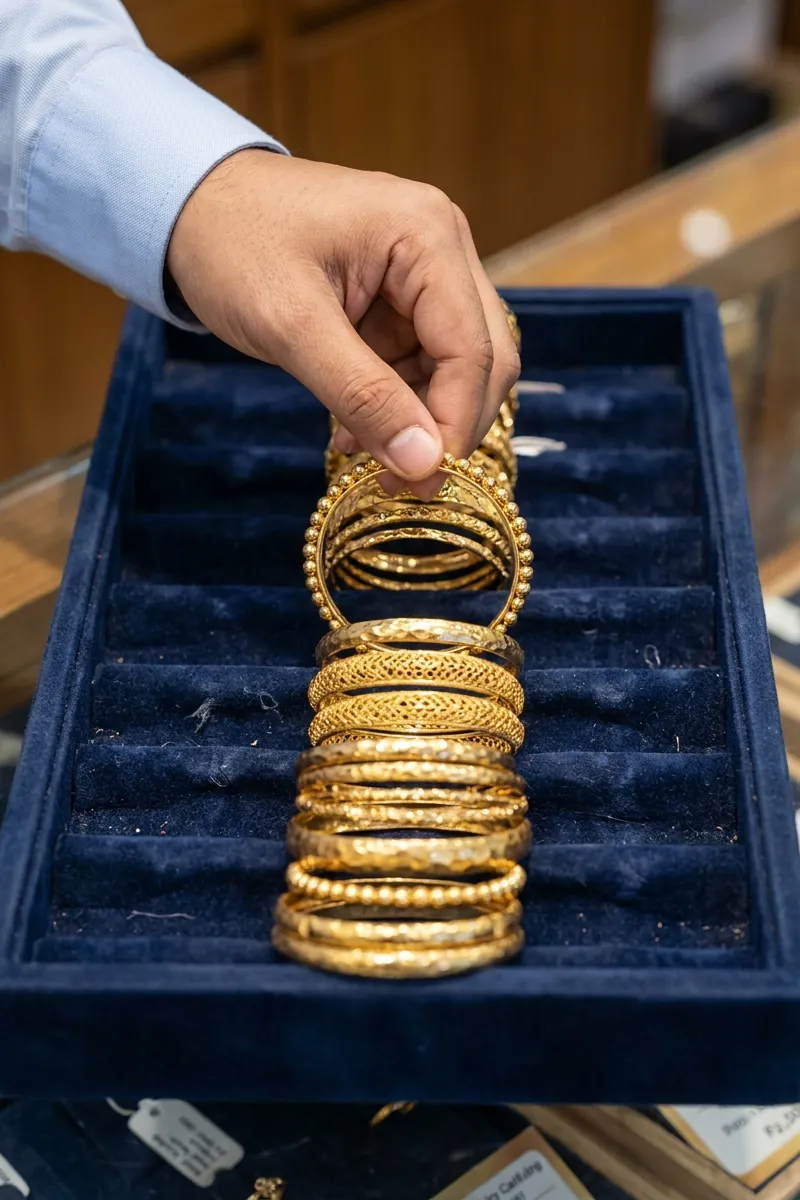 A hand lifts a gold bangle from a stack of different designs on a navy velvet tray