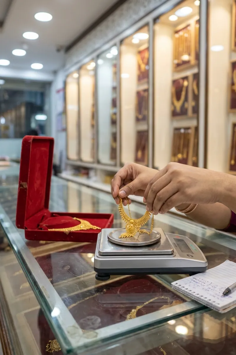 A gold necklace weighed on a digital scale on a glass counter, beside an open red jewellery box and a notepad