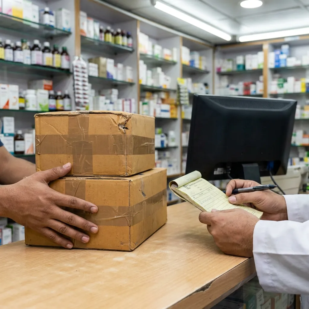A delivery man sets two taped cartons of medicine on the pharmacy counter while the pharmacist notes the delivery in a slip book beside the till’s monitor