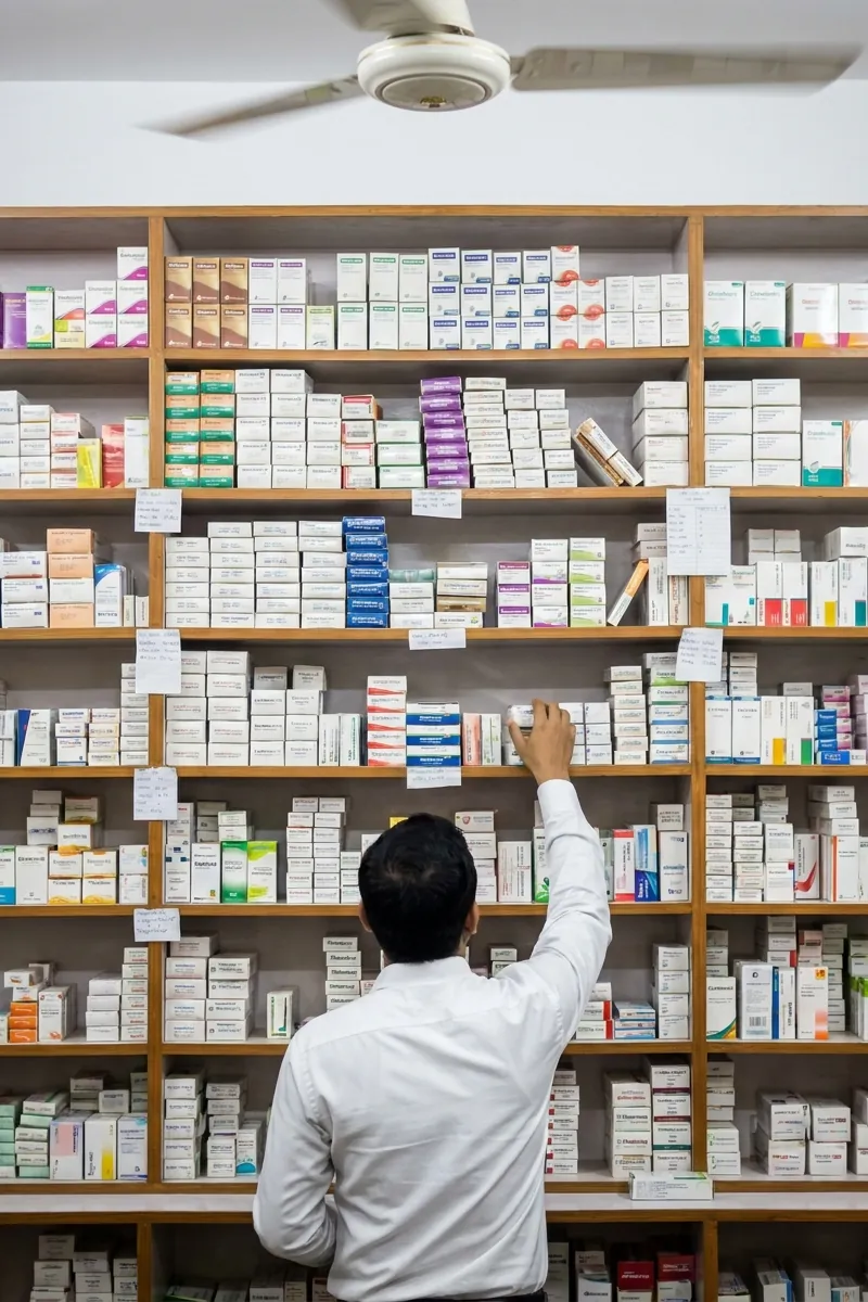 A pharmacist reaches up to a wall of shelves packed with medicine boxes, a handwritten label on each shelf, under a ceiling fan