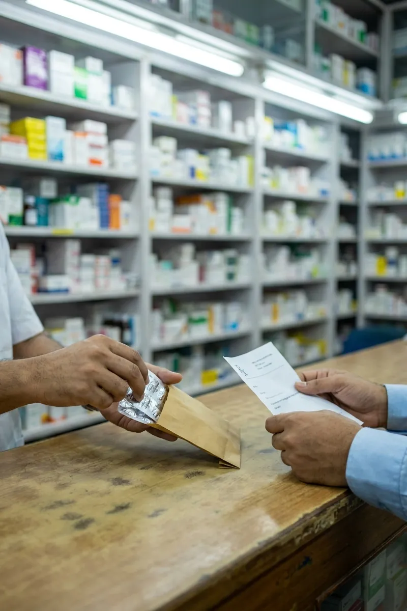 Across a wooden counter, a pharmacist slips a tablet strip into a paper packet while a customer holds a prescription