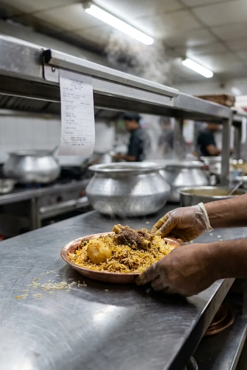 A gloved hand sets a plate of kacchi biryani on the steel kitchen pass, an order slip clipped above it