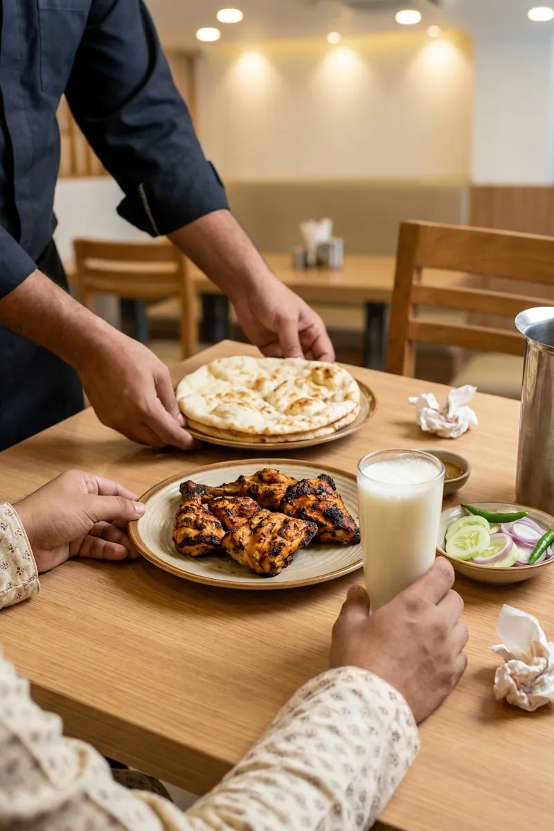 A waiter sets down naan beside grilled chicken, a glass of borhani and salad at a diner’s table