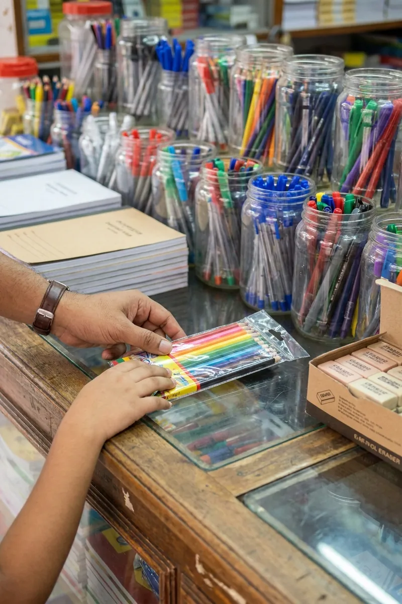 A customer picks a pack of colour pencils off a glass counter lined with jars of pens sorted by colour