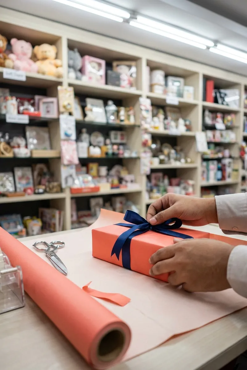 Hands tie a navy ribbon on a gift wrapped in coral paper, shelves of gifts and soft toys behind