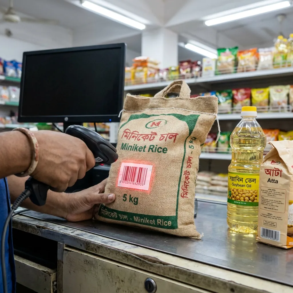 A handheld scanner reads the barcode on a 5 kg sack of Miniket rice at the checkout, with soybean oil and atta waiting beside it