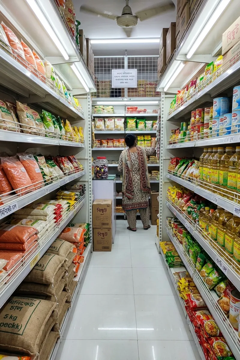 A narrow super shop aisle with sacks of rice and lentils on one side and bottles of soybean oil on the other, a shopper at the far shelf