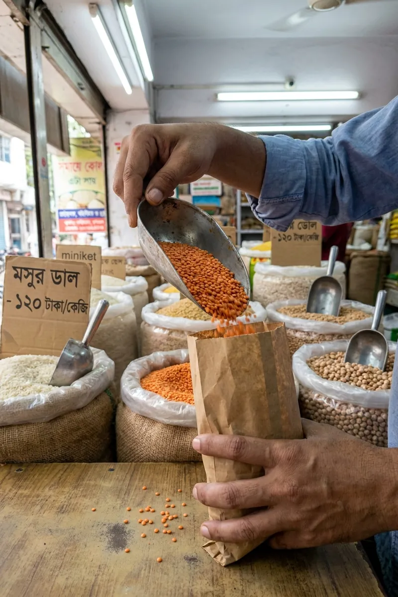 At the loose-goods counter, red lentils pour from a steel scoop into a paper bag, open sacks of rice and pulses behind