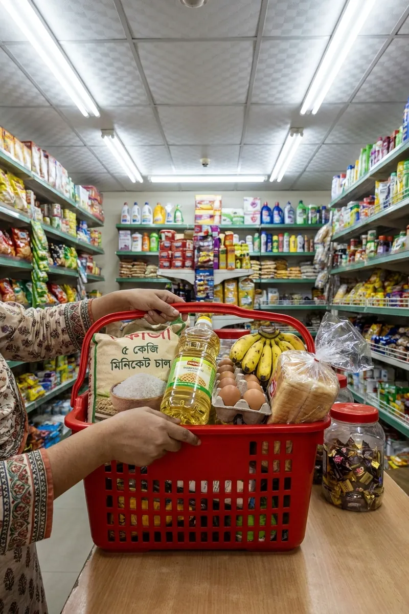 A red shopping basket of rice, soybean oil, eggs, bananas and bread set down on the checkout counter