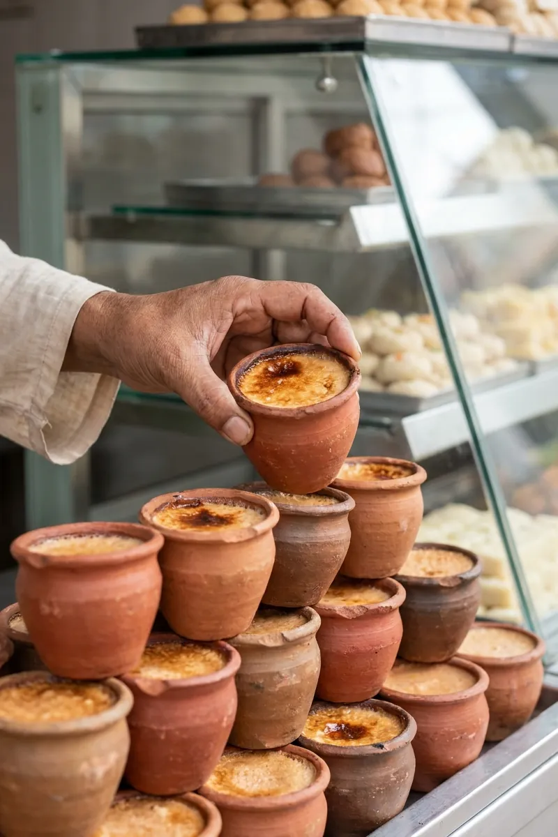 A hand lifts a clay pot of mishti doi with a caramelised top off a stack in front of the sweet case