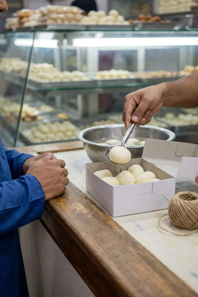 Rosogolla spooned out of syrup into a white sweet box on a marble counter, a ball of jute twine beside it and a customer waiting