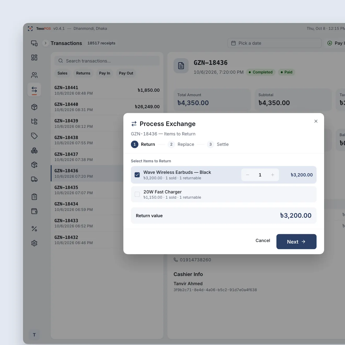 TexoPOS Transactions screen: a receipt for wireless earbuds and a charger, with Process Exchange on its Return step and the black earbuds ticked to come back for ৳3,200