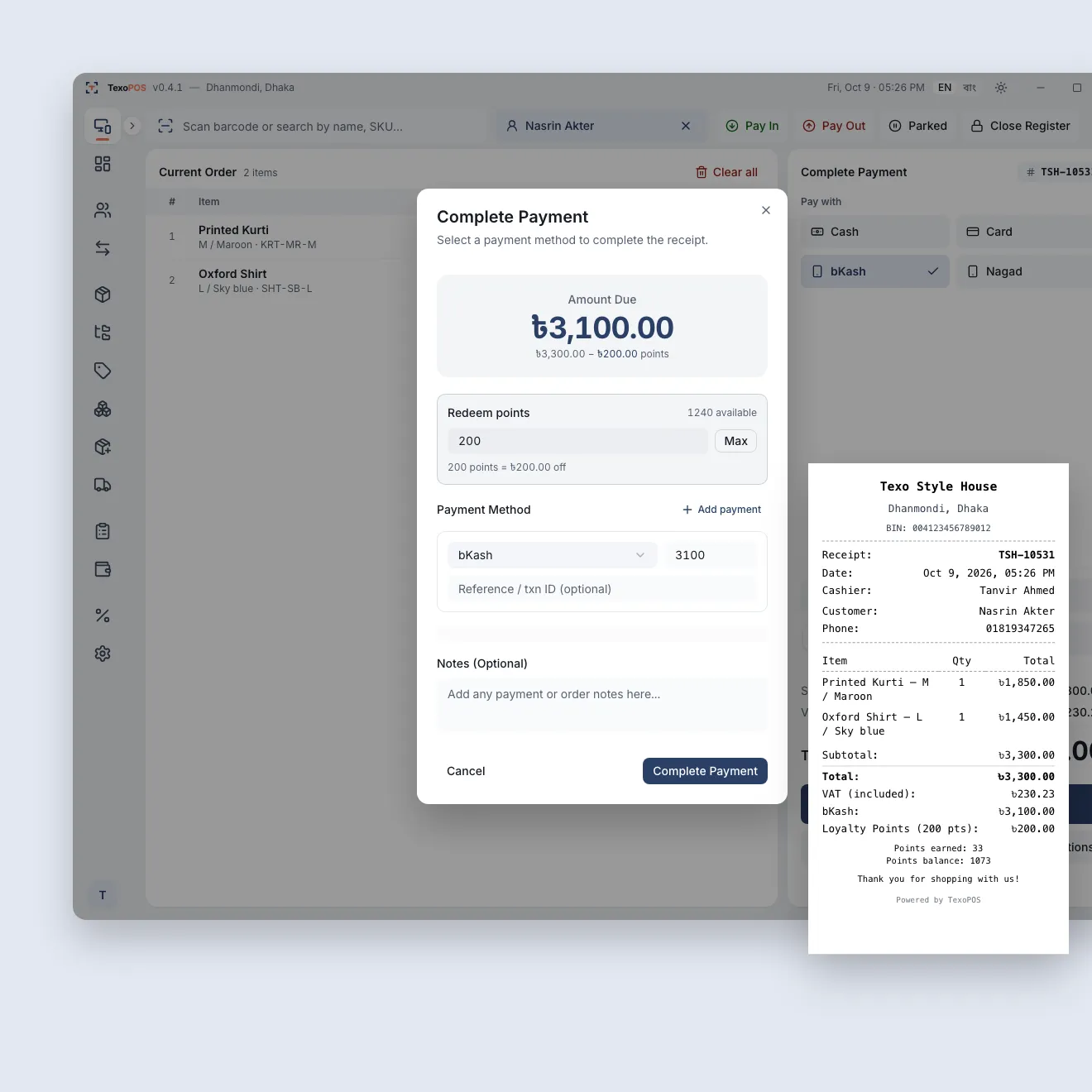 TexoPOS payment screen: a regular redeems loyalty points against a bKash payment, beside the printed receipt