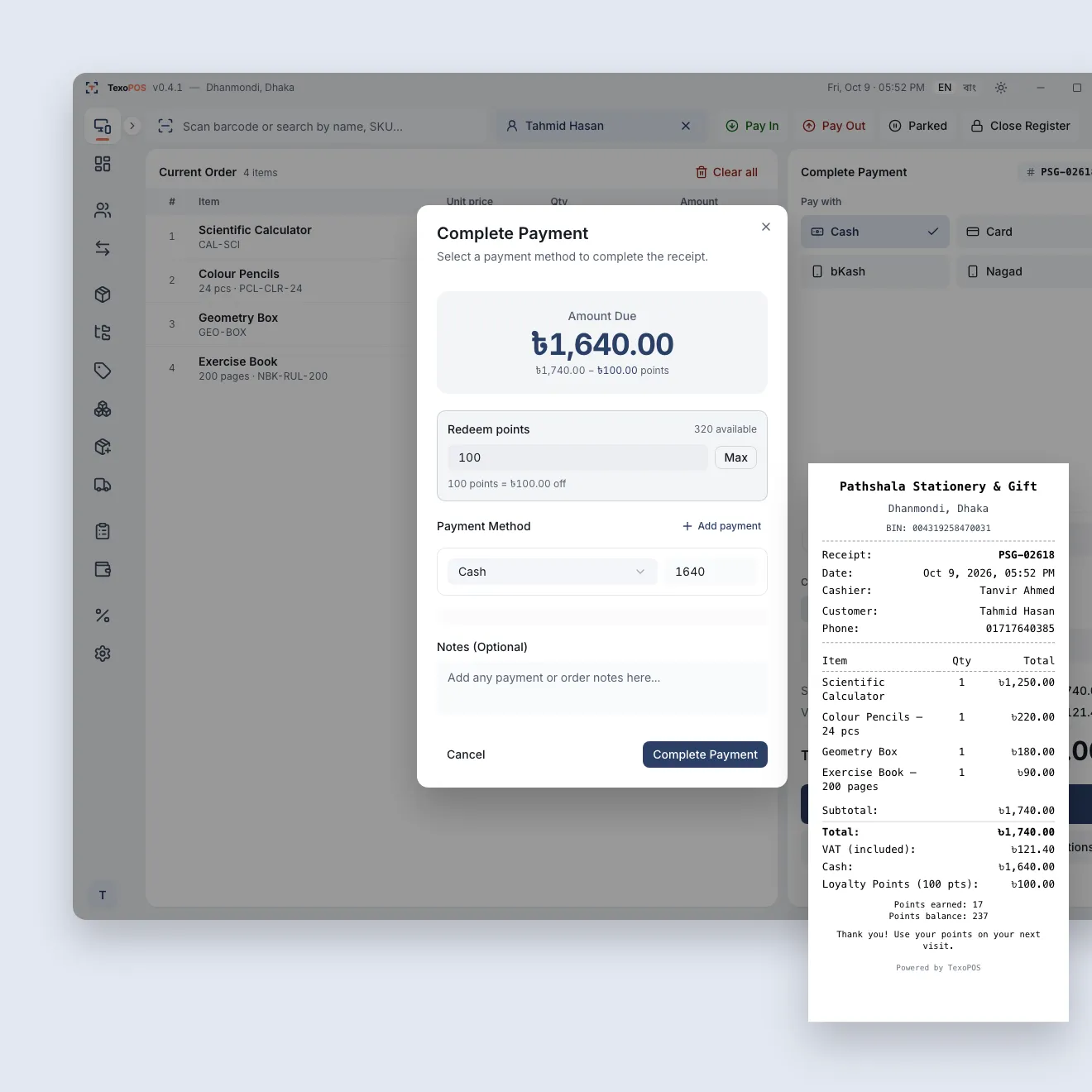 TexoPOS payment screen: a student redeems 100 loyalty points on a calculator and school supplies and pays the rest in cash, beside the printed receipt with the points he earned and his new balance