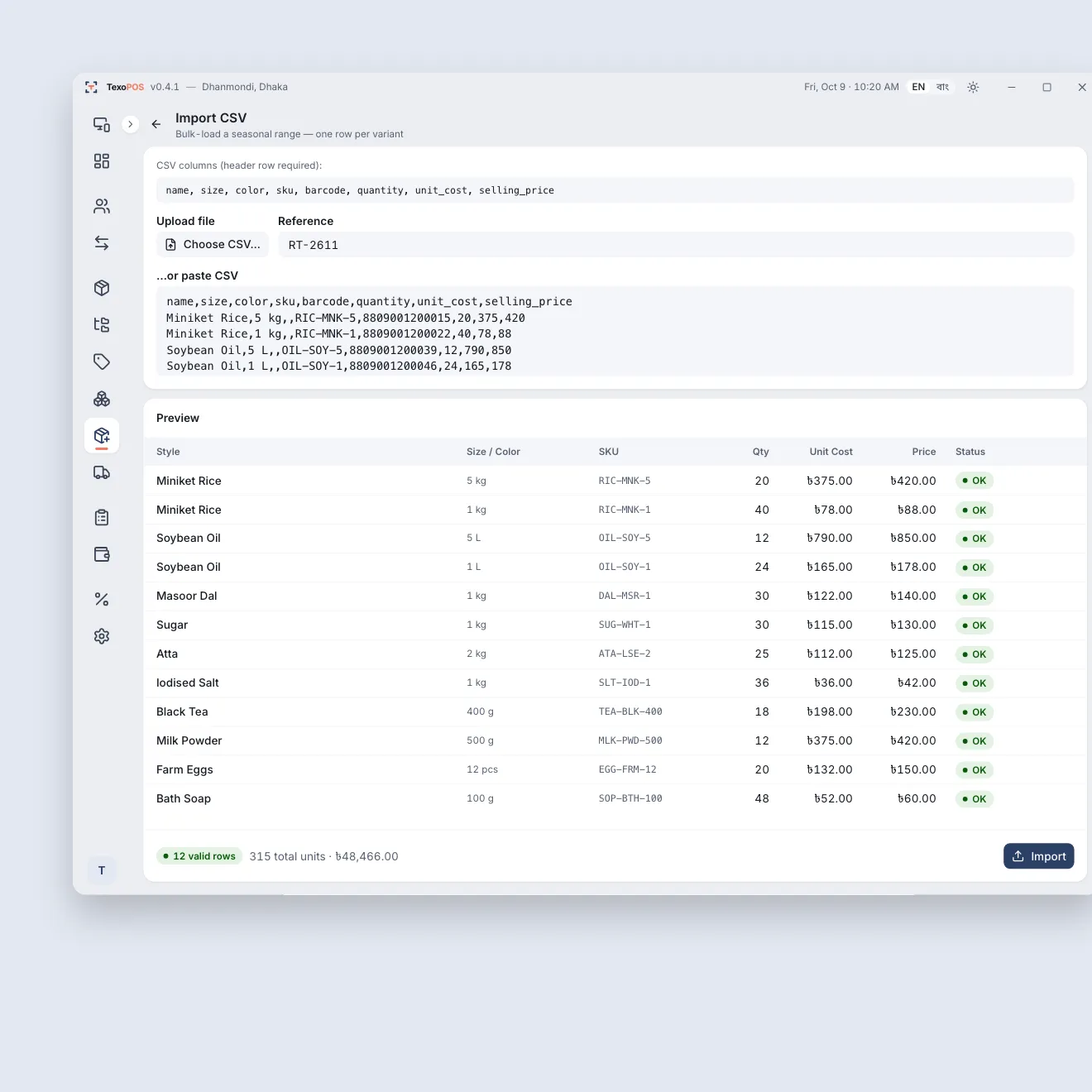 TexoPOS CSV import screen: a supplier’s list of rice, oil, dal, sugar and more pasted in, every row checked before import